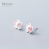 Pink Enamel Plant Silver Stud Earrings 925 Sterling Silver Pearl Jewelry