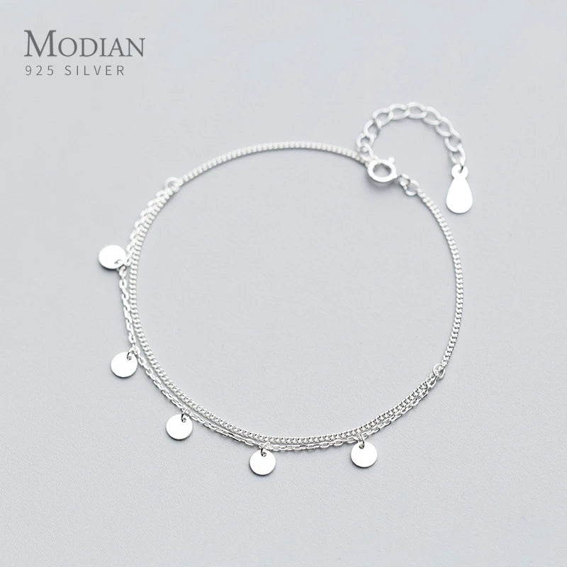 925 Silver Round Sequins Double Chain Bracelet Women Korea Style Jewelry