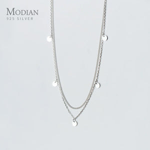 925 Silver Double Layer Sequins Pendant Necklace Adjustable