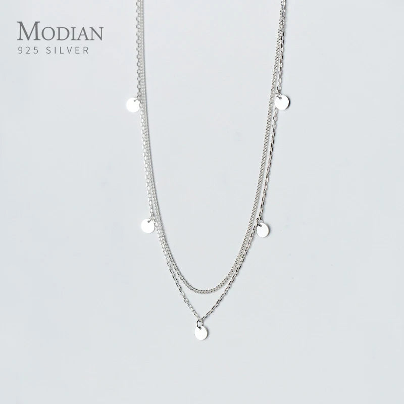 925 Silver Double Layer Sequins Pendant Necklace Adjustable