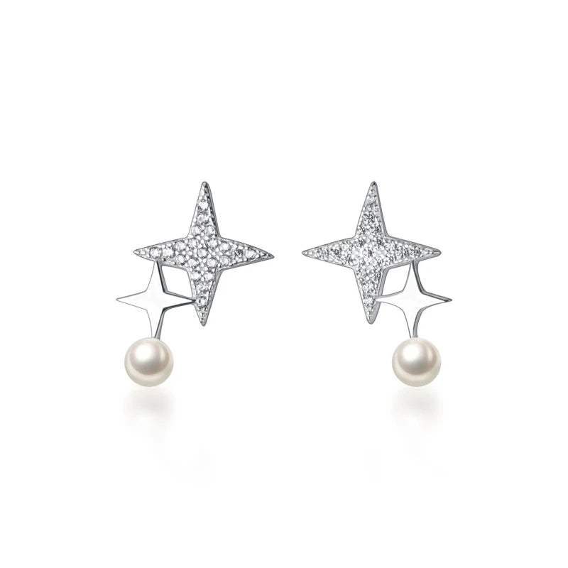 Sterling Silver Star Darts Pearl Stud Earrings