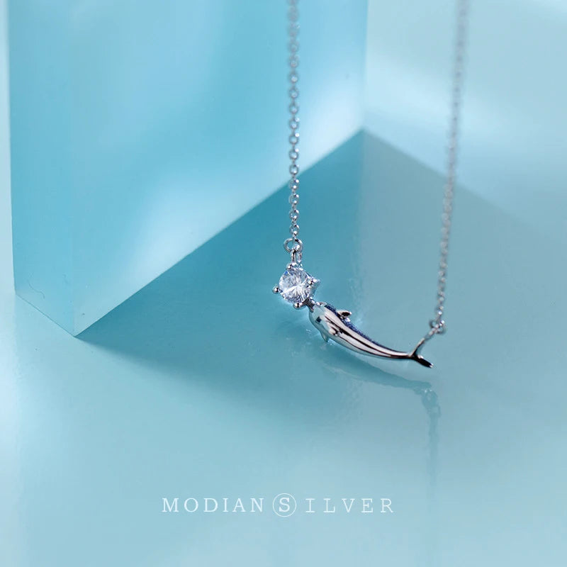 925 Sterling Silver Dolphin CZ Necklace for Women