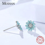 Enamel Daisy Stud Earrings 925 Sterling Silver Clear Zircon Fine Jewelry