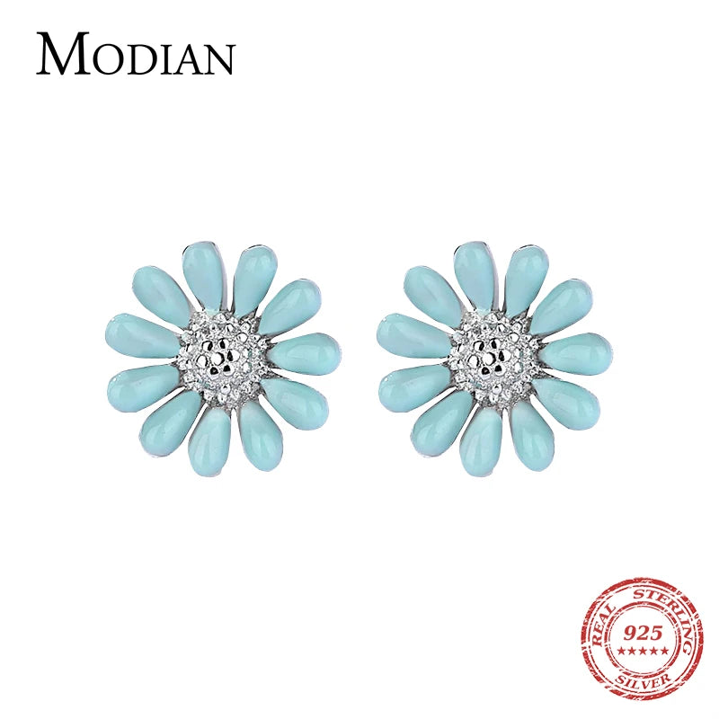 Enamel Daisy Stud Earrings 925 Sterling Silver Clear Zircon Fine Jewelry