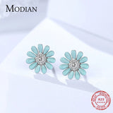 Enamel Daisy Stud Earrings 925 Sterling Silver Clear Zircon Fine Jewelry
