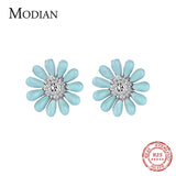 Enamel Daisy Stud Earrings 925 Sterling Silver Clear Zircon Fine Jewelry