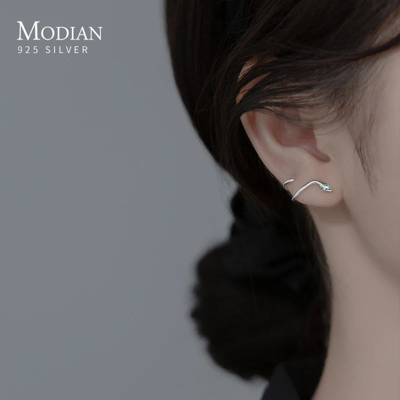 Snake Stud Earrings 925 Silver Green Zirconia Jewelry Women