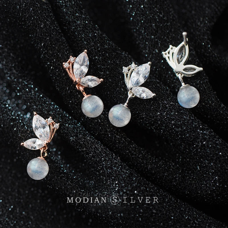 Zircon Butterfly Silver Drop Earrings Moonstone Dangle