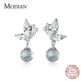 Zircon Butterfly Silver Drop Earrings Moonstone Dangle