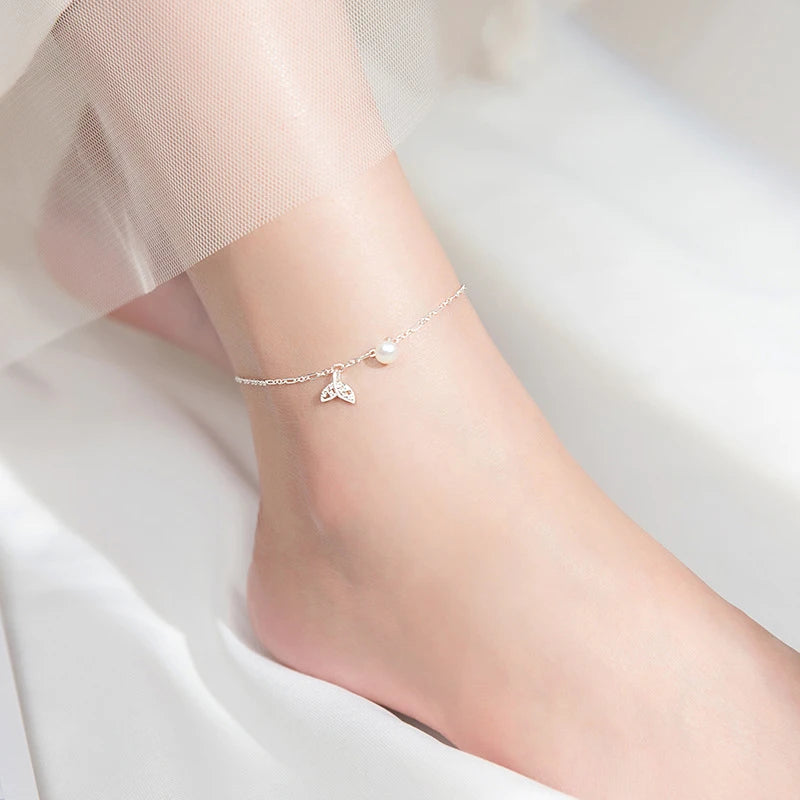 925 Silver Mermaid Tail Charm Anklet w/ CZ Foot Jewelry