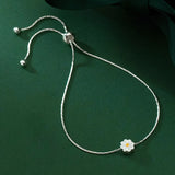 Enamel Daisy Charms Bracelet 925 Sterling Silver Link Chain Lucky Adjustable