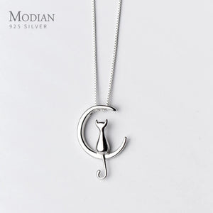 Animal Moon Small Cat Necklace Pendant 925 Sterling Silver Jewelry