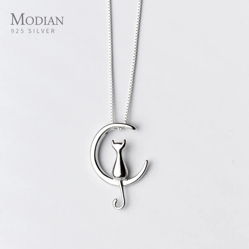 Animal Moon Small Cat Necklace Pendant 925 Sterling Silver Jewelry