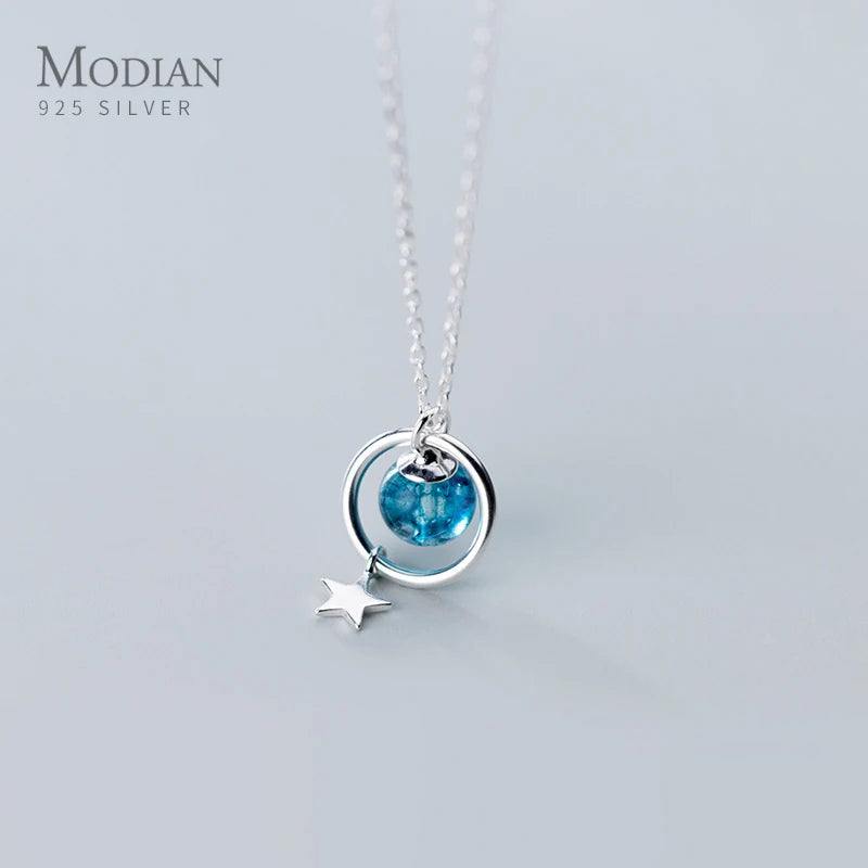 925 Silver Crystal Circle Star Pendant Necklace