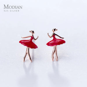 925 Silver Dancing Lady Stud Earrings Red Enamel Charm Jewelry