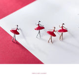 925 Silver Dancing Lady Stud Earrings Red Enamel Charm Jewelry