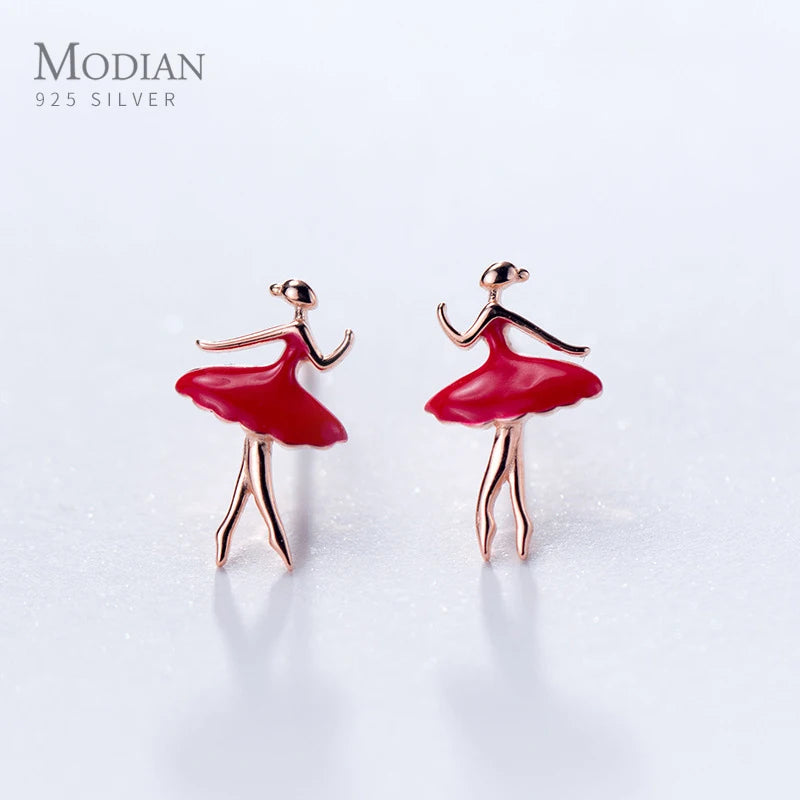 925 Silver Dancing Lady Stud Earrings Red Enamel Charm Jewelry