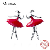 925 Silver Dancing Lady Stud Earrings Red Enamel Charm Jewelry