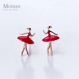 925 Silver Dancing Lady Stud Earrings Red Enamel Charm Jewelry
