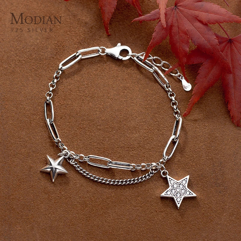 925 Silver Retro Stars Charm Bracelet for Women