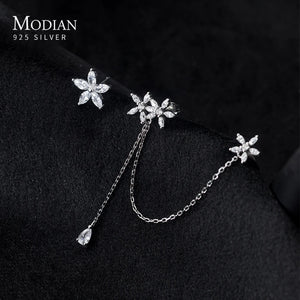 925 Silver Flower Tassel Long Chain Clip Earrings - No Piercing