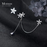 925 Silver Flower Tassel Long Chain Clip Earrings - No Piercing