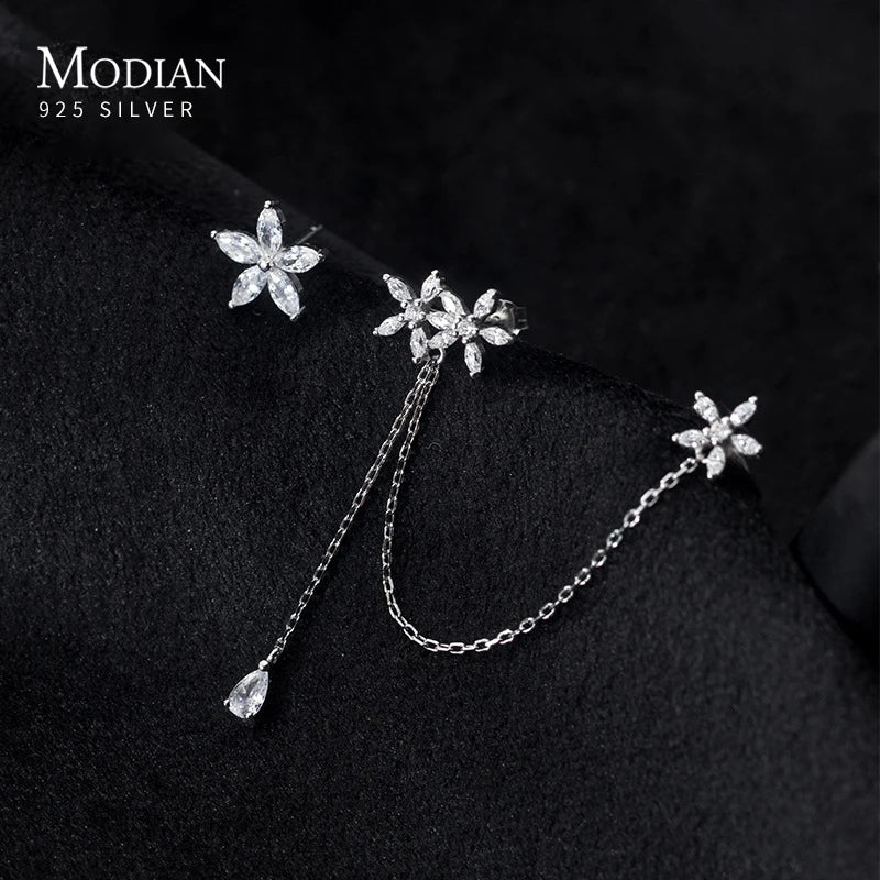 925 Silver Flower Tassel Long Chain Clip Earrings - No Piercing