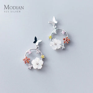 Enamel Flower Drop Earrings 925 Silver Dangle Charms