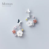 Enamel Flower Drop Earrings 925 Silver Dangle Charms