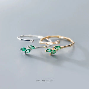 Green Crystal Leaves Slub Ring for Women 925 Sterling Silver Plant Size Ring