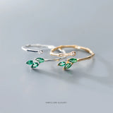 Green Crystal Leaves Slub Ring for Women 925 Sterling Silver Plant Size Ring