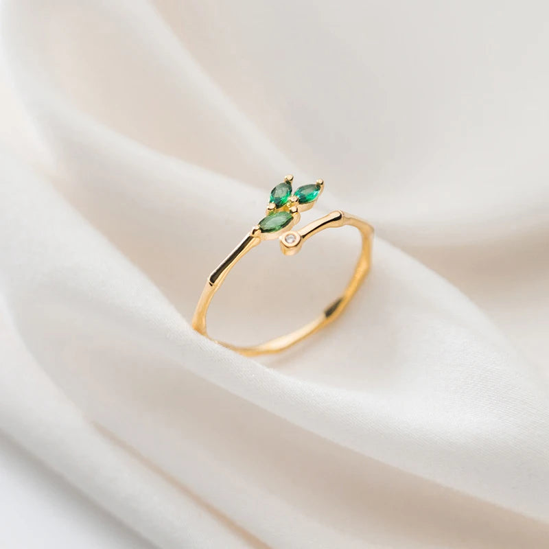 Green Crystal Leaves Slub Ring for Women 925 Sterling Silver Plant Size Ring