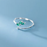 Green Crystal Leaves Slub Ring for Women 925 Sterling Silver Plant Size Ring