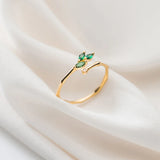 Green Crystal Leaves Slub Ring for Women 925 Sterling Silver Plant Size Ring