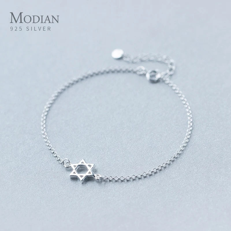925 Silver Hexagram & Star Chain Bracelet, Fine Jewelry