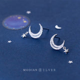 Clear CZ Moon Stud Earring 925 Sterling Silver Ear Pin Korea Style Jewelry