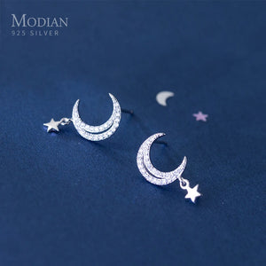 Clear CZ Moon Stud Earring 925 Sterling Silver Ear Pin Korea Style Jewelry