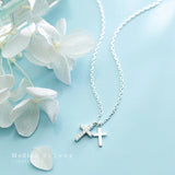 Zircon & Glossy Cross Pendant Necklace 925 Sterling Silver Chain Jewelry