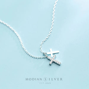 Zircon & Glossy Cross Pendant Necklace 925 Sterling Silver Chain Jewelry