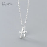 Zircon & Glossy Cross Pendant Necklace 925 Sterling Silver Chain Jewelry