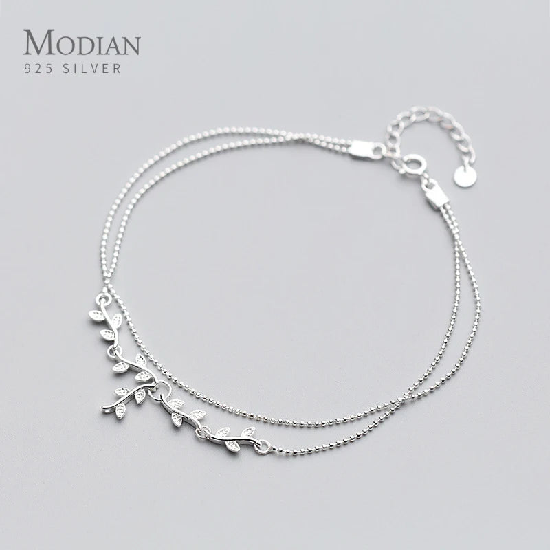 925 Silver Plant Anklet Women Tree Branch Leaves Ball Anklet