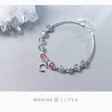 925 Silver CZ Moon Charm Bracelet Pink Strawberry Crystal Jewelry