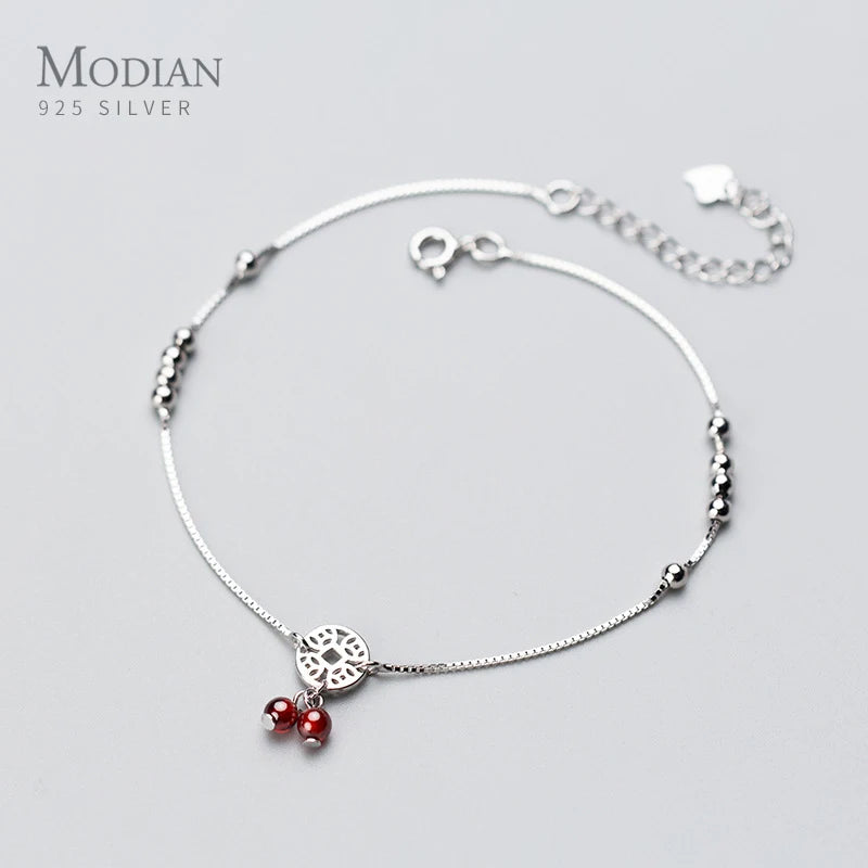 Garnet Coin Light Beads Anklet Sterling Silver Chain Adjustable Anklet