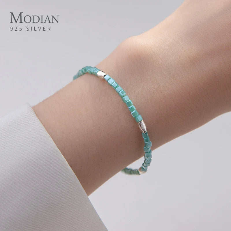 925 Silver Green Crystal Square Bracelet Adjustable Fine Party Jewelry