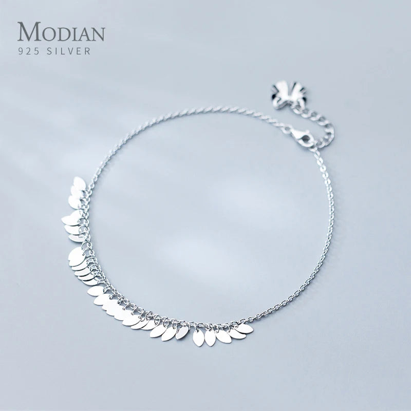 925 Silver Oval Tassel Anklet Women Bracelet Foot Chain