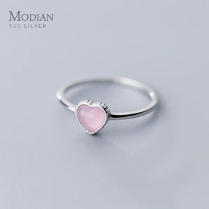 925 Silver Pink Opal Hearts Ring for Women Adjustable Open Finger Fine Jewelry