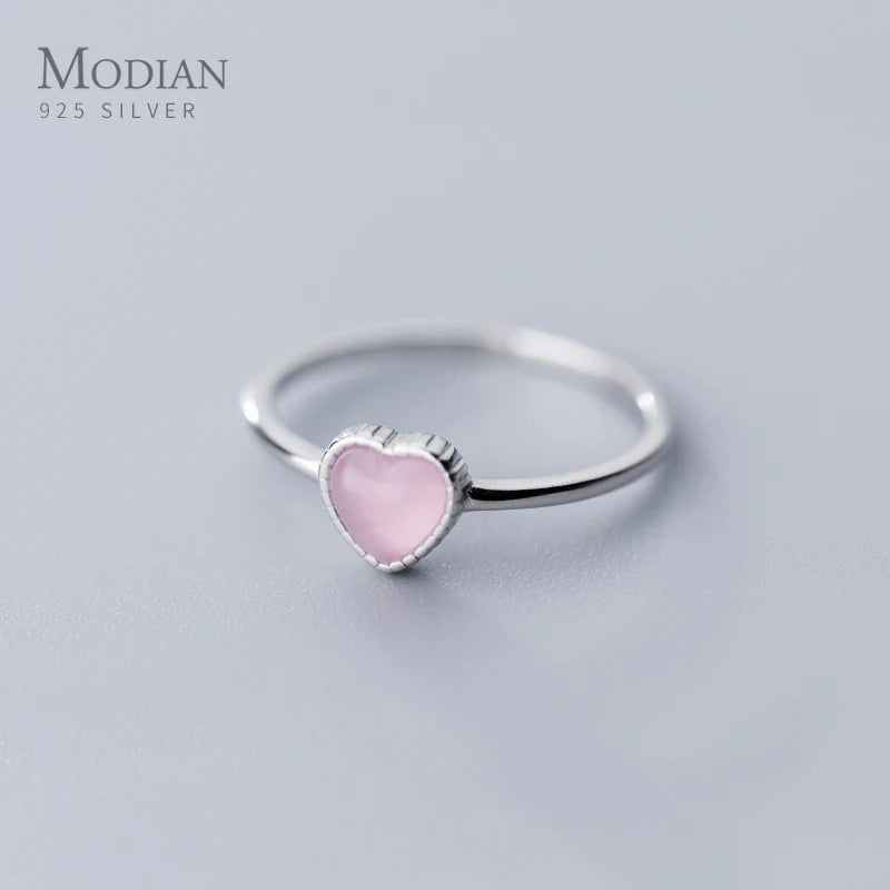 925 Silver Pink Opal Hearts Ring for Women Adjustable Open Finger Fine Jewelry