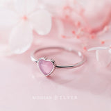 925 Silver Pink Opal Hearts Ring for Women Adjustable Open Finger Fine Jewelry