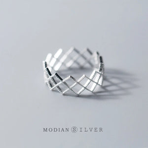 925 Sterling Silver Geometric Hollow Out Square Ring for Women