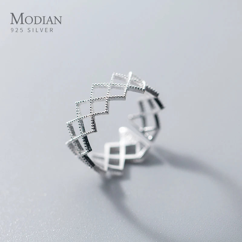 925 Sterling Silver Geometric Hollow Out Square Ring for Women